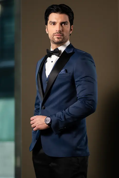 TEKSTURIRANI SVEČANI SAKO SA ŠAL REVEROM SLIM NAVY 48