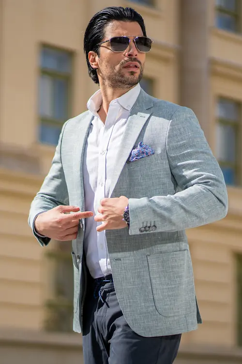 SAKO S DODATKOM LANA OD MELANGE TKANINE SLIM SVIJETLO PLAVA 48