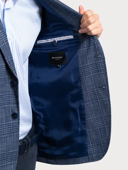 SMART CASUAL SAKO OD MEKANE TKANINE S KARO UZORKOM 48 PLAVA SLIM