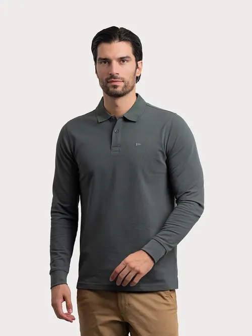 POLO MAJICA Z DOLGIMI ROKAVI IZ PIQUÉ PLETENINE M TEMNO ZELENA REGULAR