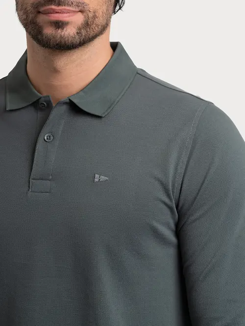 POLO MAJICA Z DOLGIMI ROKAVI IZ PIQUÉ PLETENINE M TEMNO ZELENA REGULAR