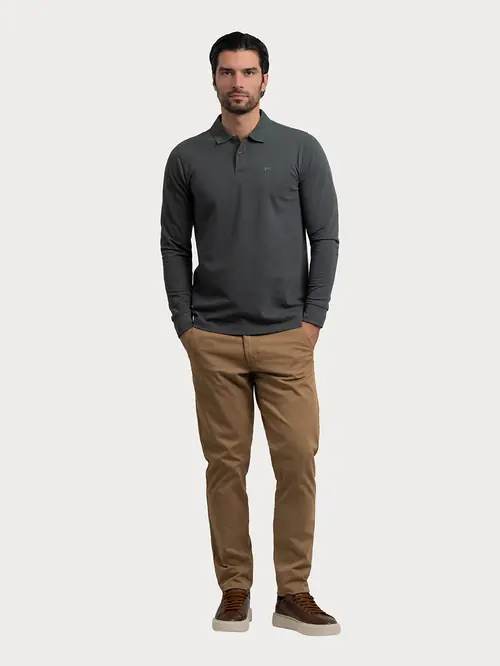 POLO MAJICA Z DOLGIMI ROKAVI IZ PIQUÉ PLETENINE M TEMNO ZELENA REGULAR